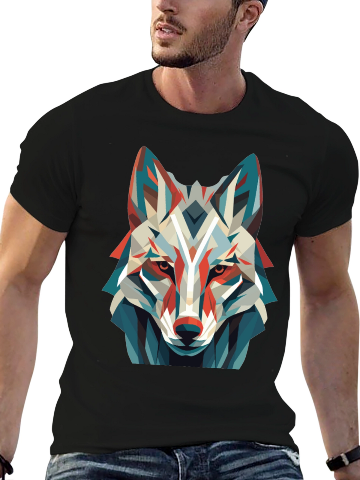 Geometric Wolf Graphic Tee - Modern Art Shirt