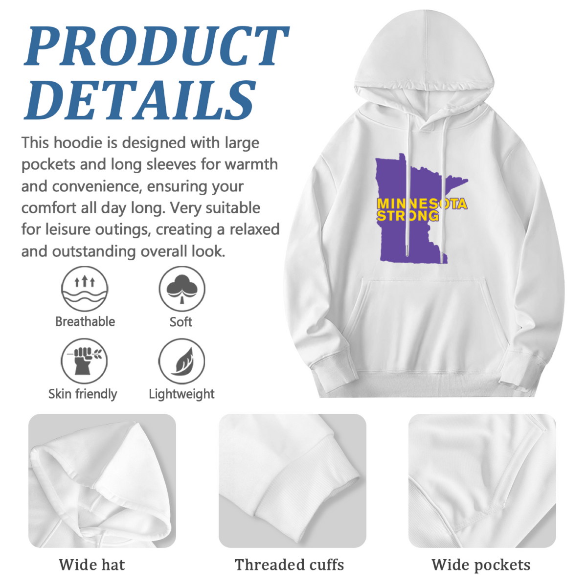 Minnesota Strong Map White Hoodie, Cozy Relax Fit For All