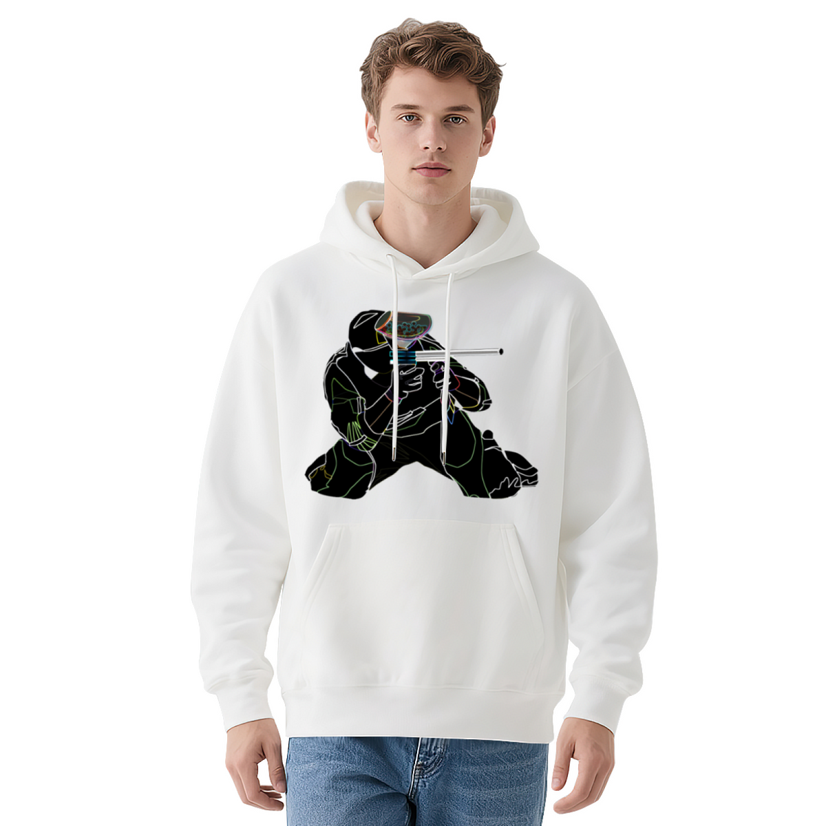 Neon Line Paintball Player Unisex White Hoodie, Cozy Street Style