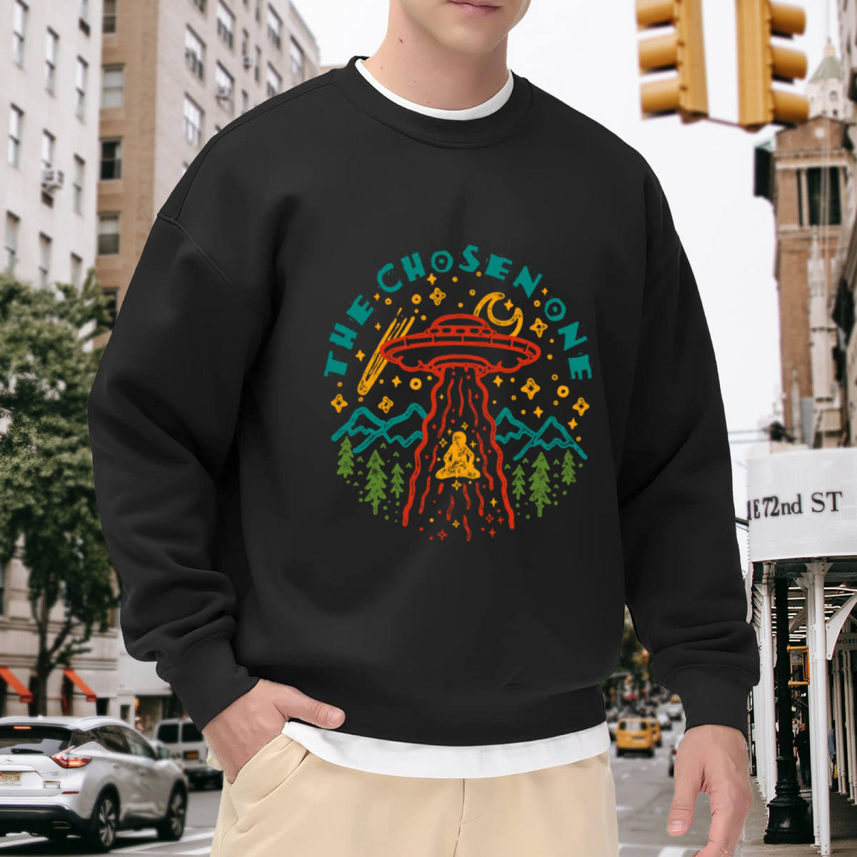 The Chosen One UFO Alien Meditation Crewneck Sweatshirt, Psychedelic Outer Space Graphic Pullover