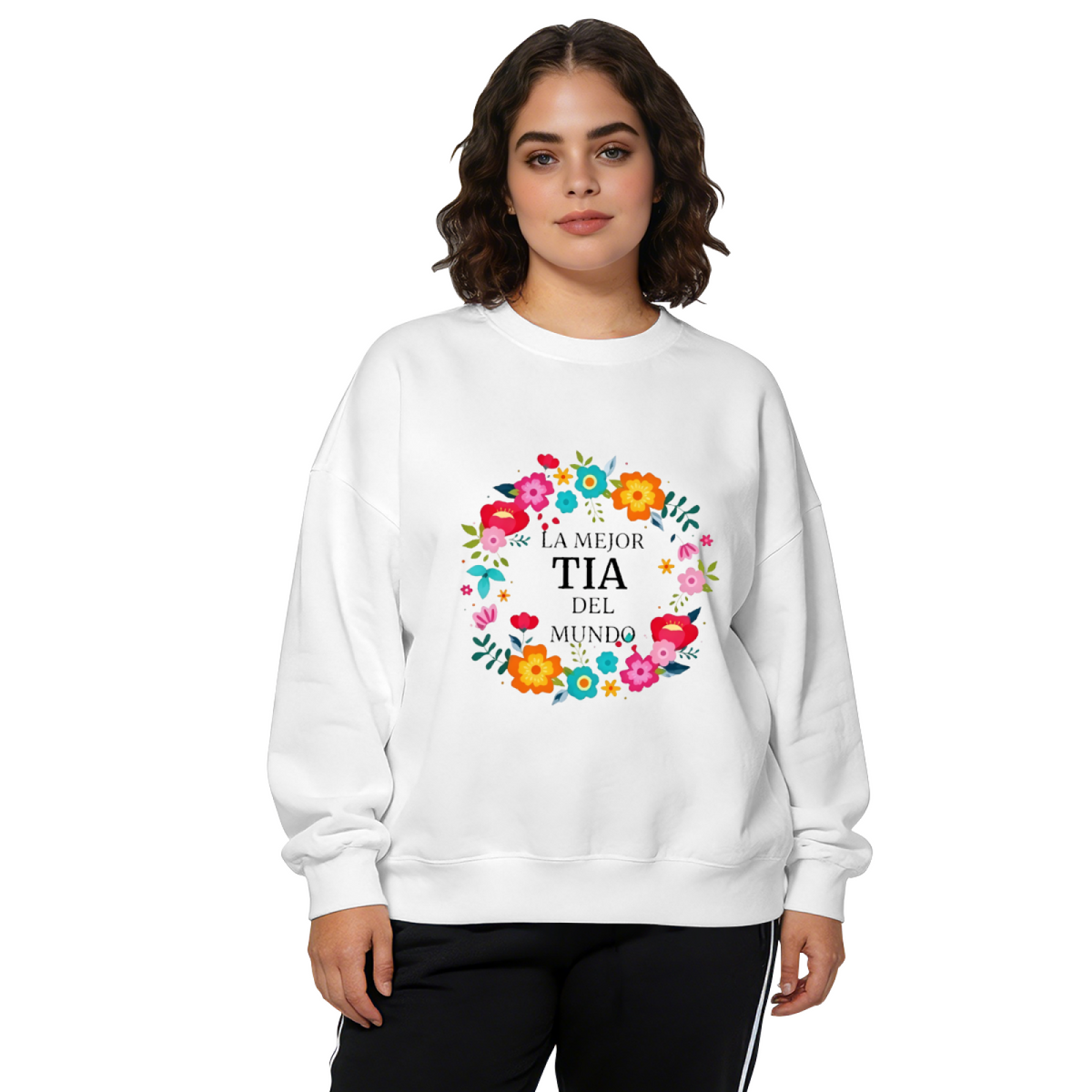 La Mejor Tia Del Mundo Colorful Floral Wreath Crewneck Sweatshirt