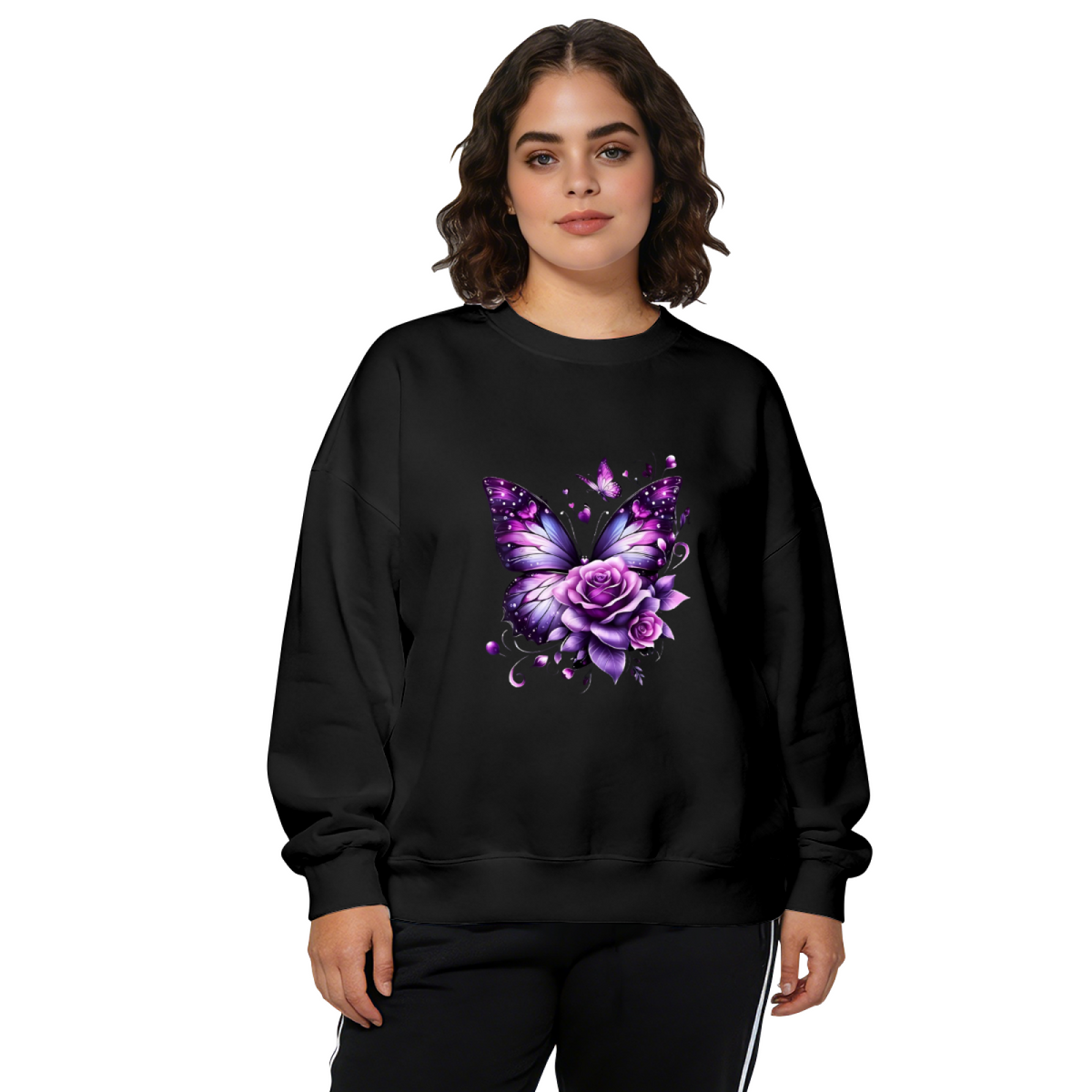 Dreamy Purple Butterfly & Rose Art Crewneck Sweatshirt