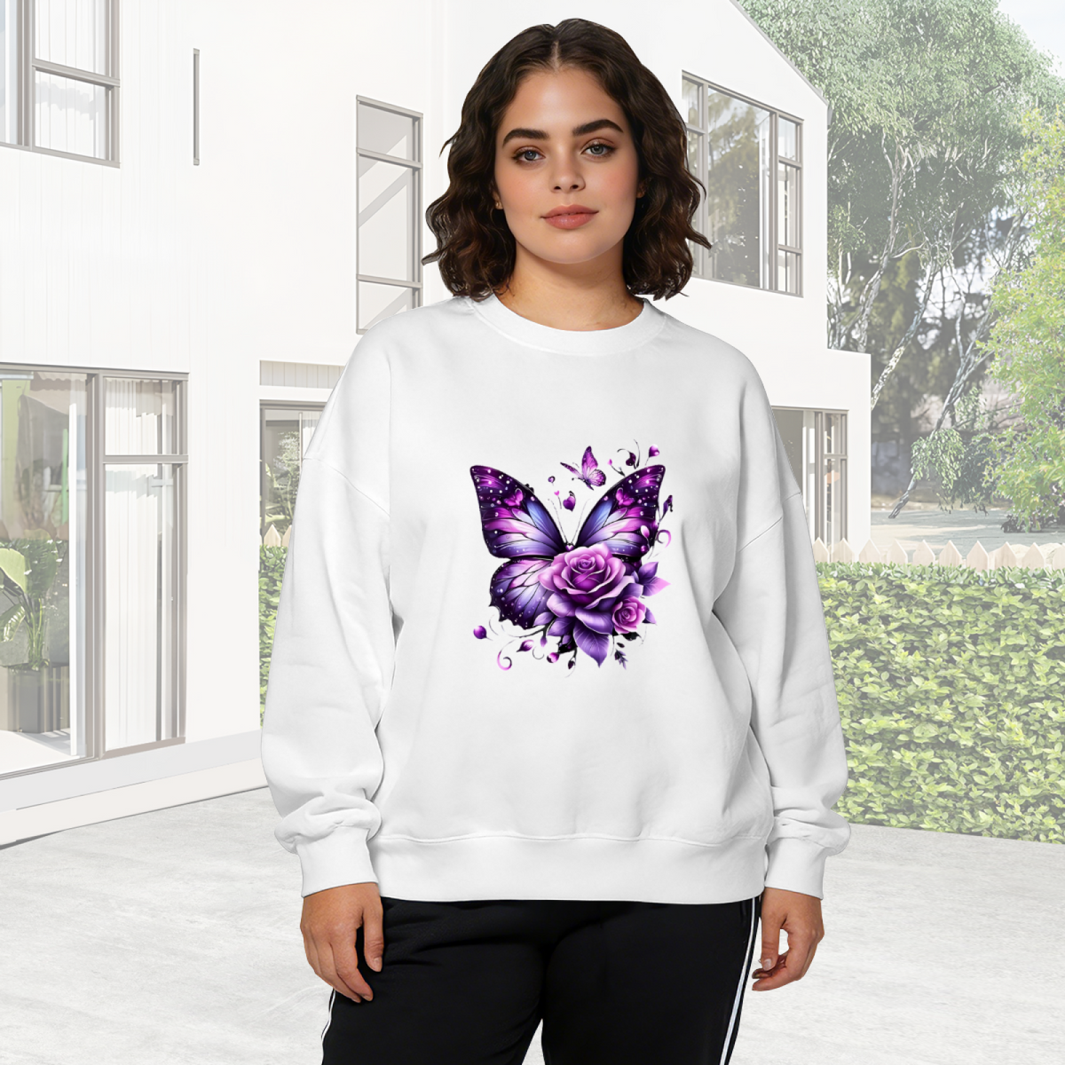 Dreamy Purple Butterfly & Rose Art Crewneck Sweatshirt