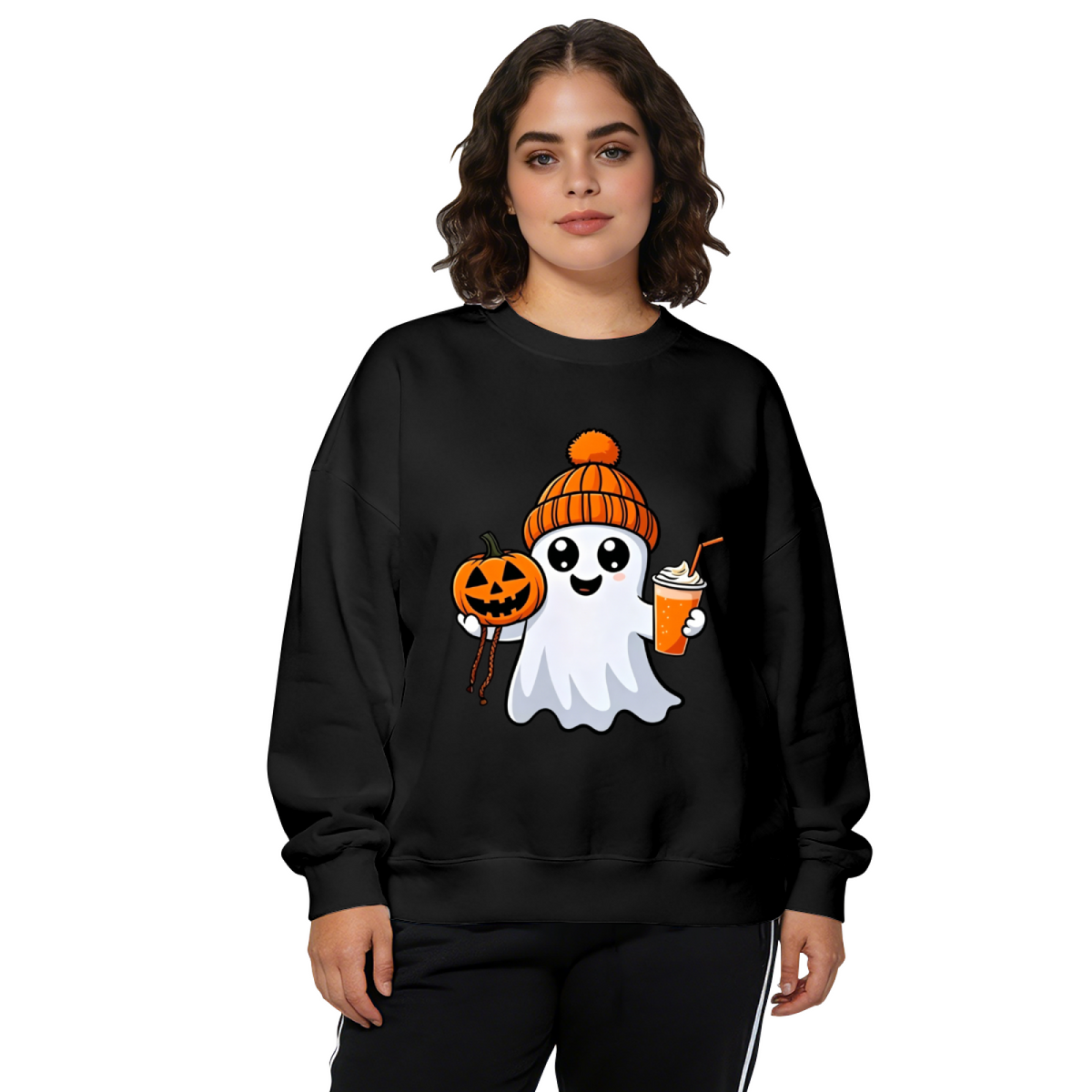 Cute Halloween Ghost With Pumpkin & Fall Drink Crewneck Sweatshirt