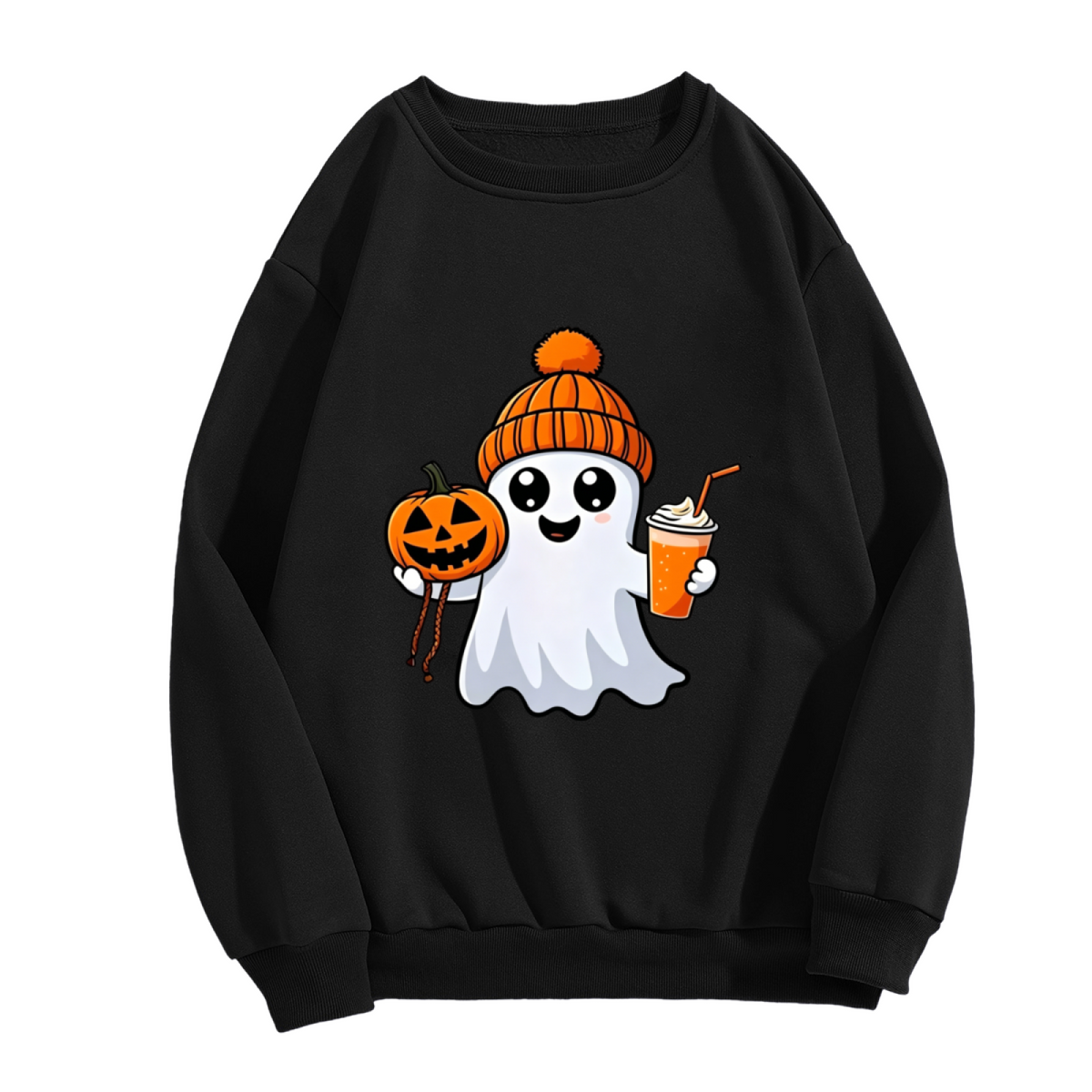 Cute Halloween Ghost With Pumpkin & Fall Drink Crewneck Sweatshirt