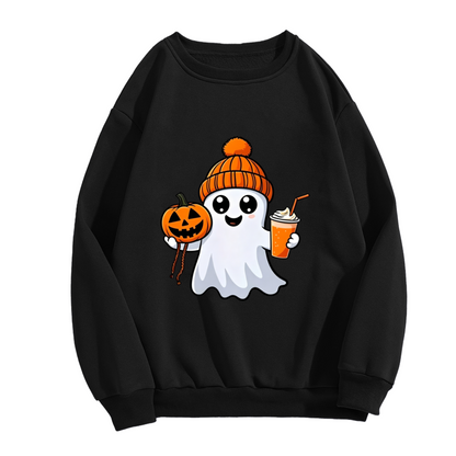 Cute Halloween Ghost With Pumpkin & Fall Drink Crewneck Sweatshirt