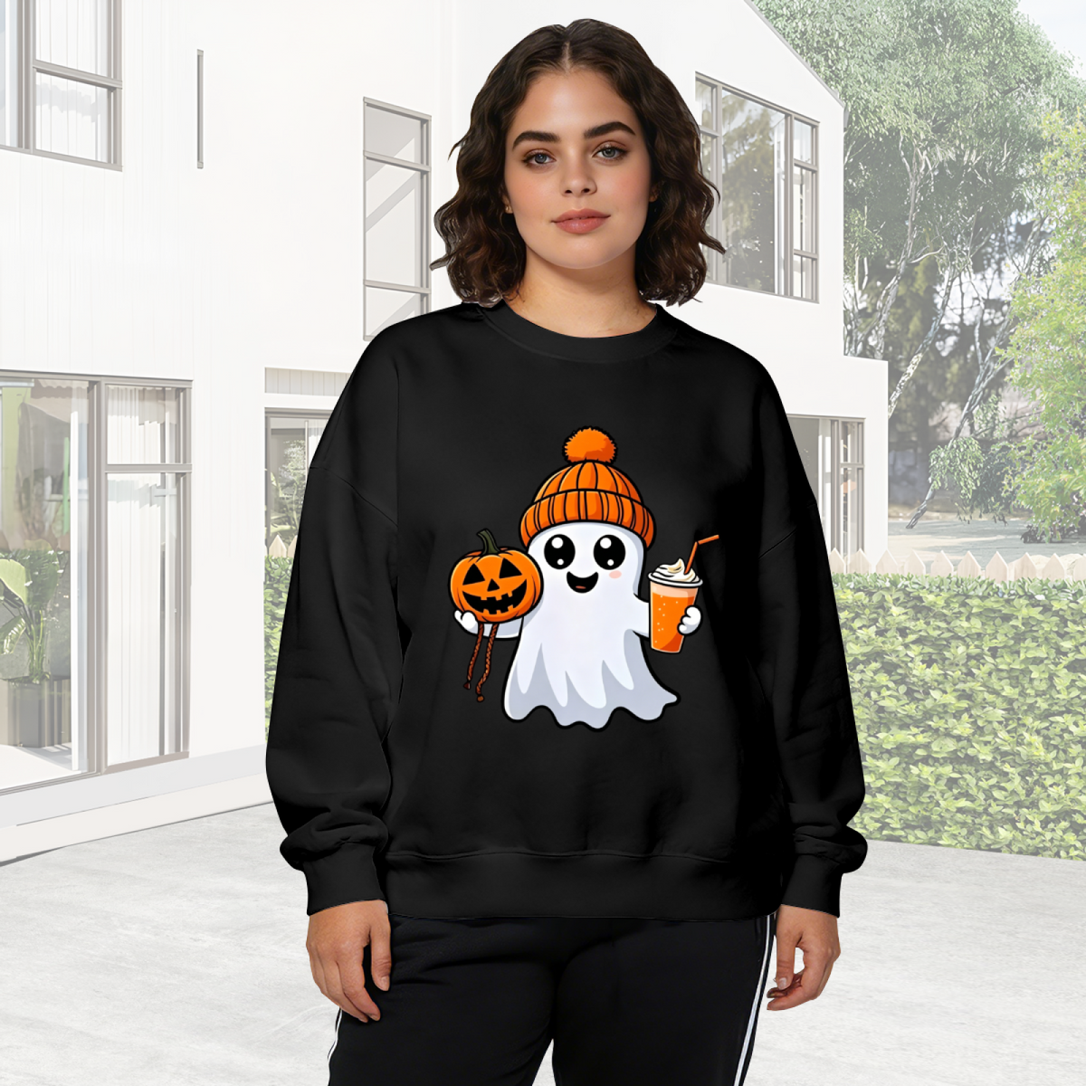 Cute Halloween Ghost With Pumpkin & Fall Drink Crewneck Sweatshirt