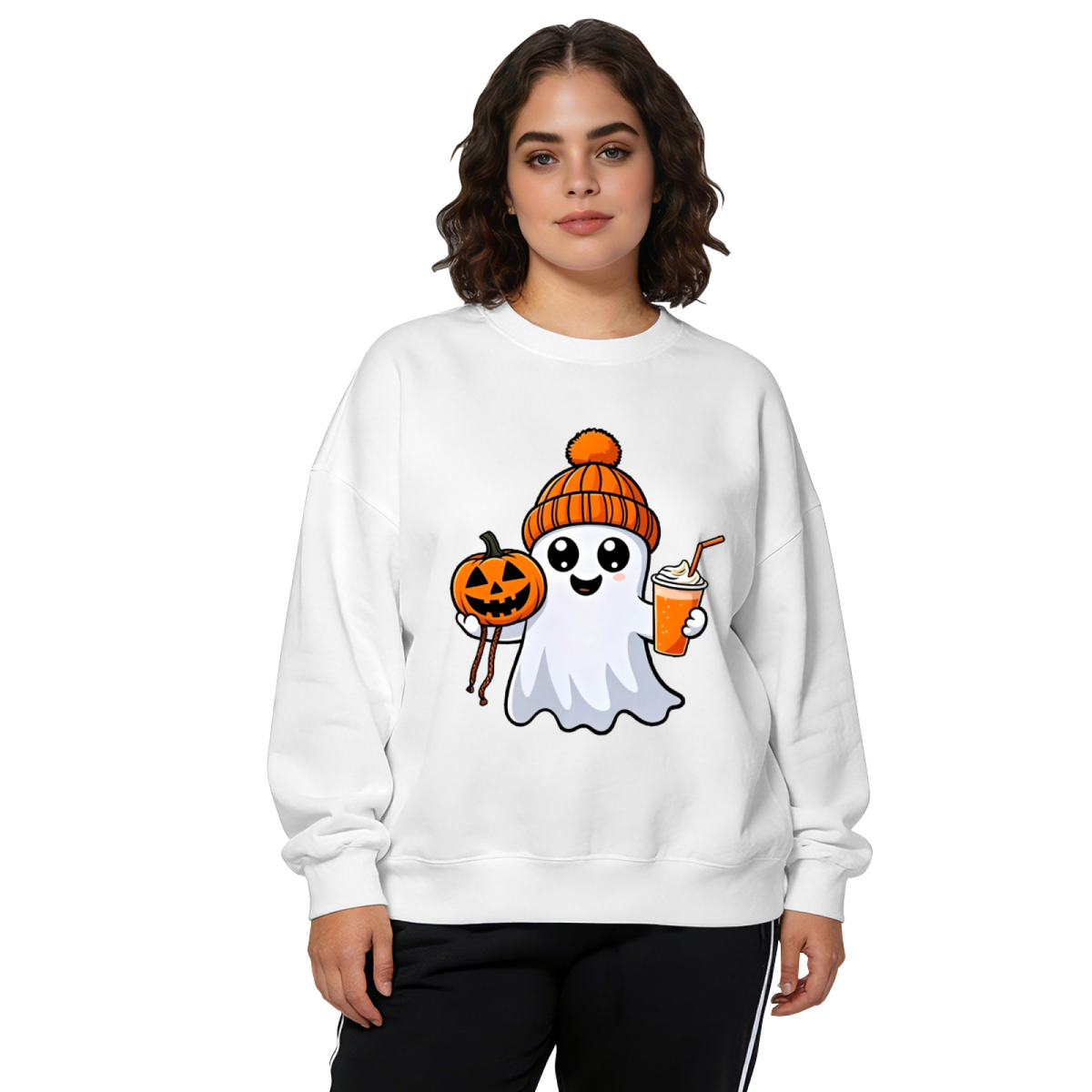Cute Halloween Ghost With Pumpkin & Fall Drink Crewneck Sweatshirt
