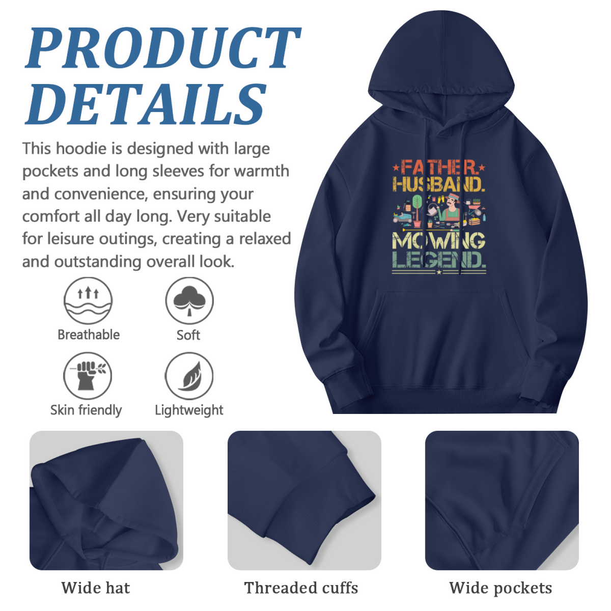 Father Husband Mowing Legend Vintage Navy Hoodie, Dad Cozy Graphic Pullover