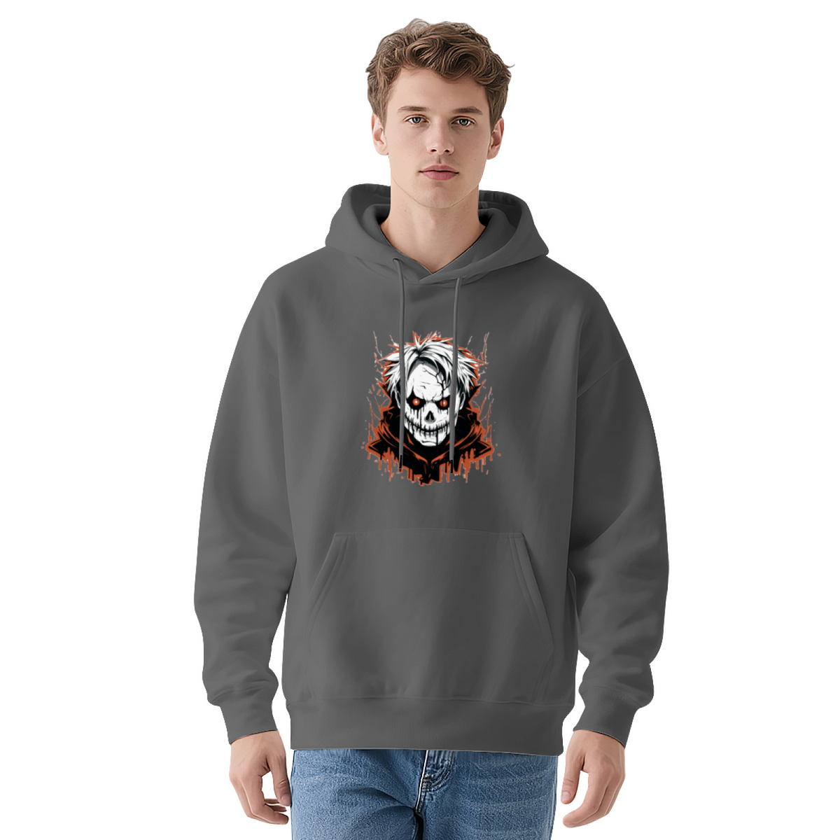 Horror White Hair Skull Dark Style Hoodie, Soft Streetwear Sweatshirt