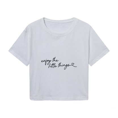 Enjoy The Little Things Soft Grey Crop Tee ¨C Cute Heart Script Minimal Top