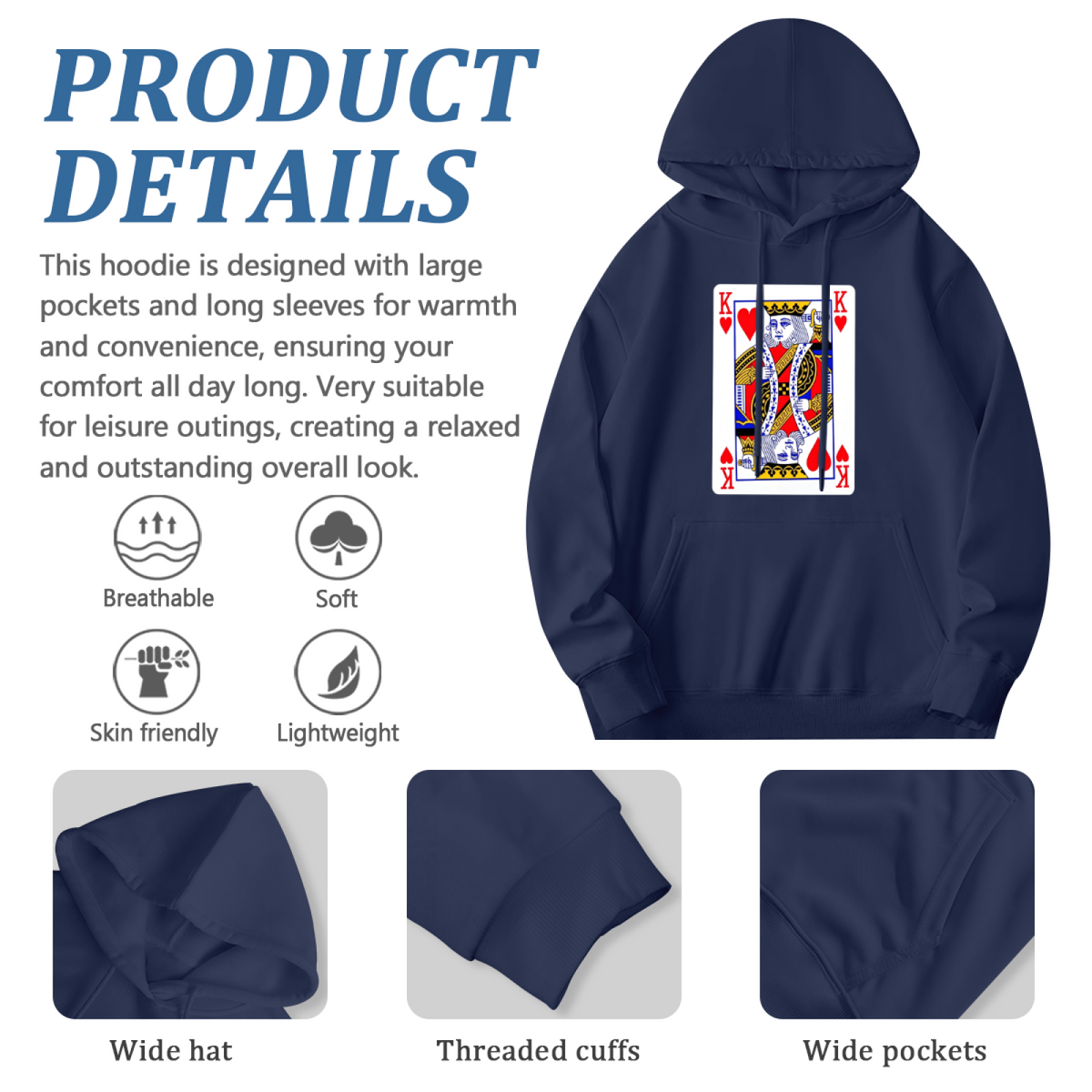 King Of Hearts Poker Card Graphic Navy Hoodie