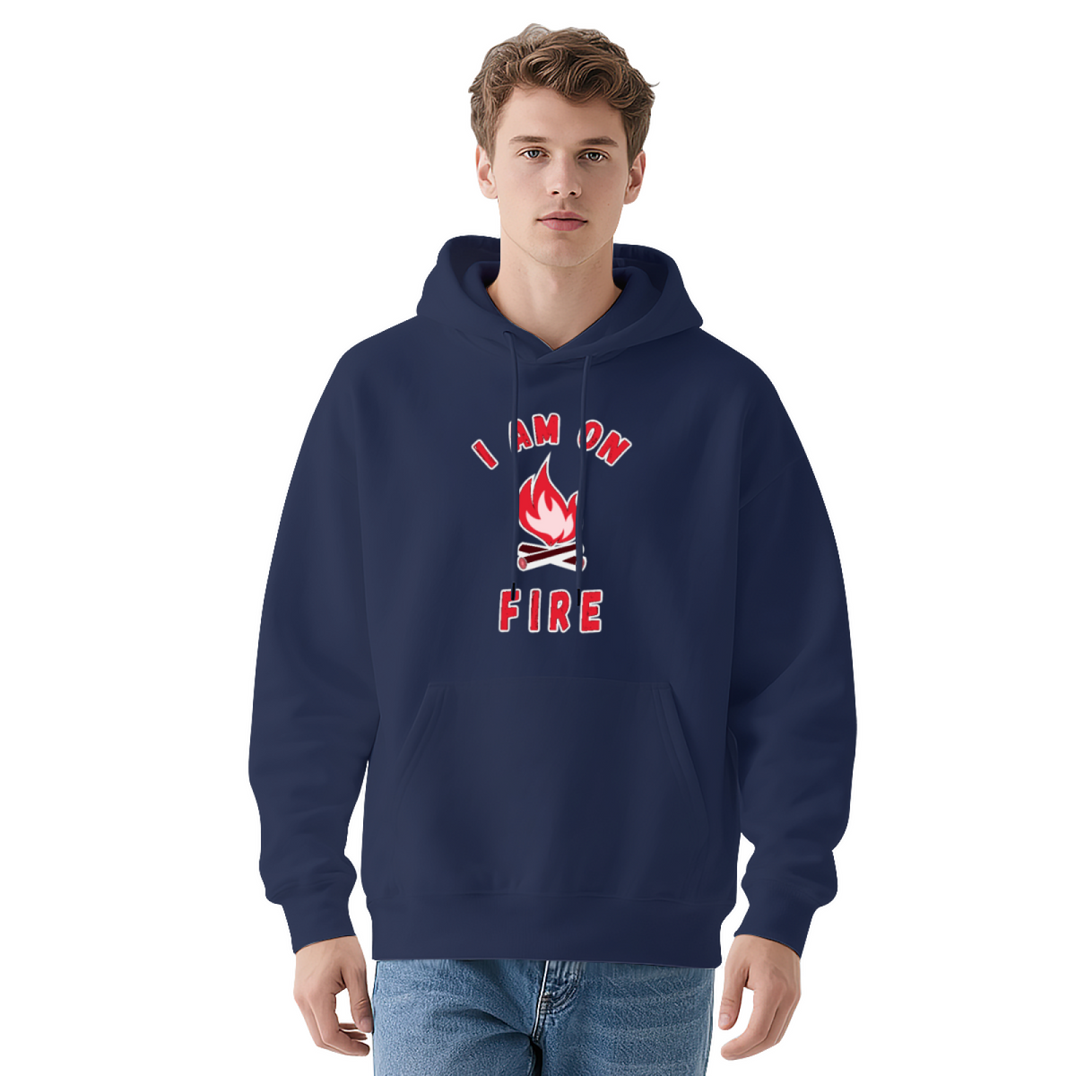 I Am On Fire Flame Graphic Comfortable Navy Hoodie, Casual Daily Top