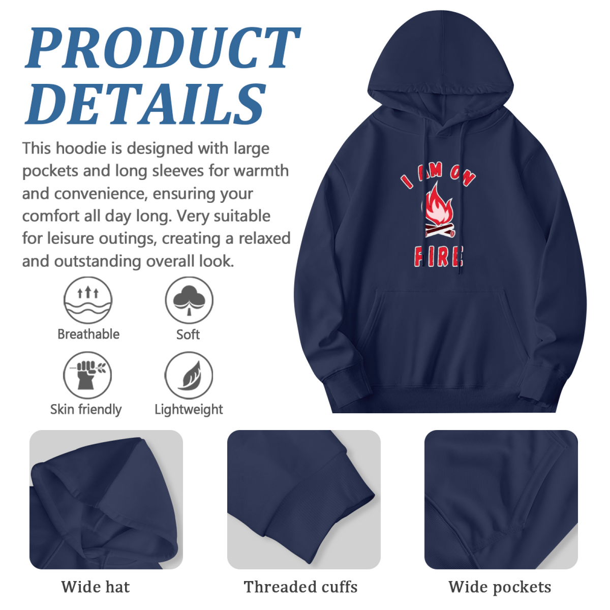 I Am On Fire Flame Graphic Comfortable Navy Hoodie, Casual Daily Top