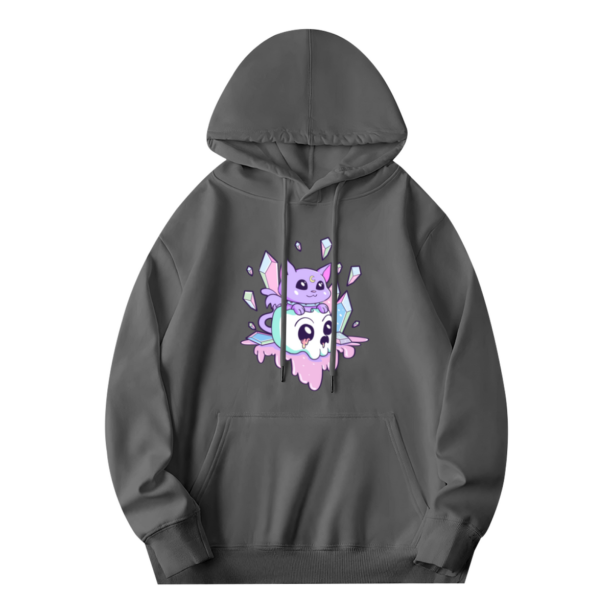 Kawaii Crystal Skull Purple Cat Cute Cartoon Hoodie, Plush Cozy Loungewear