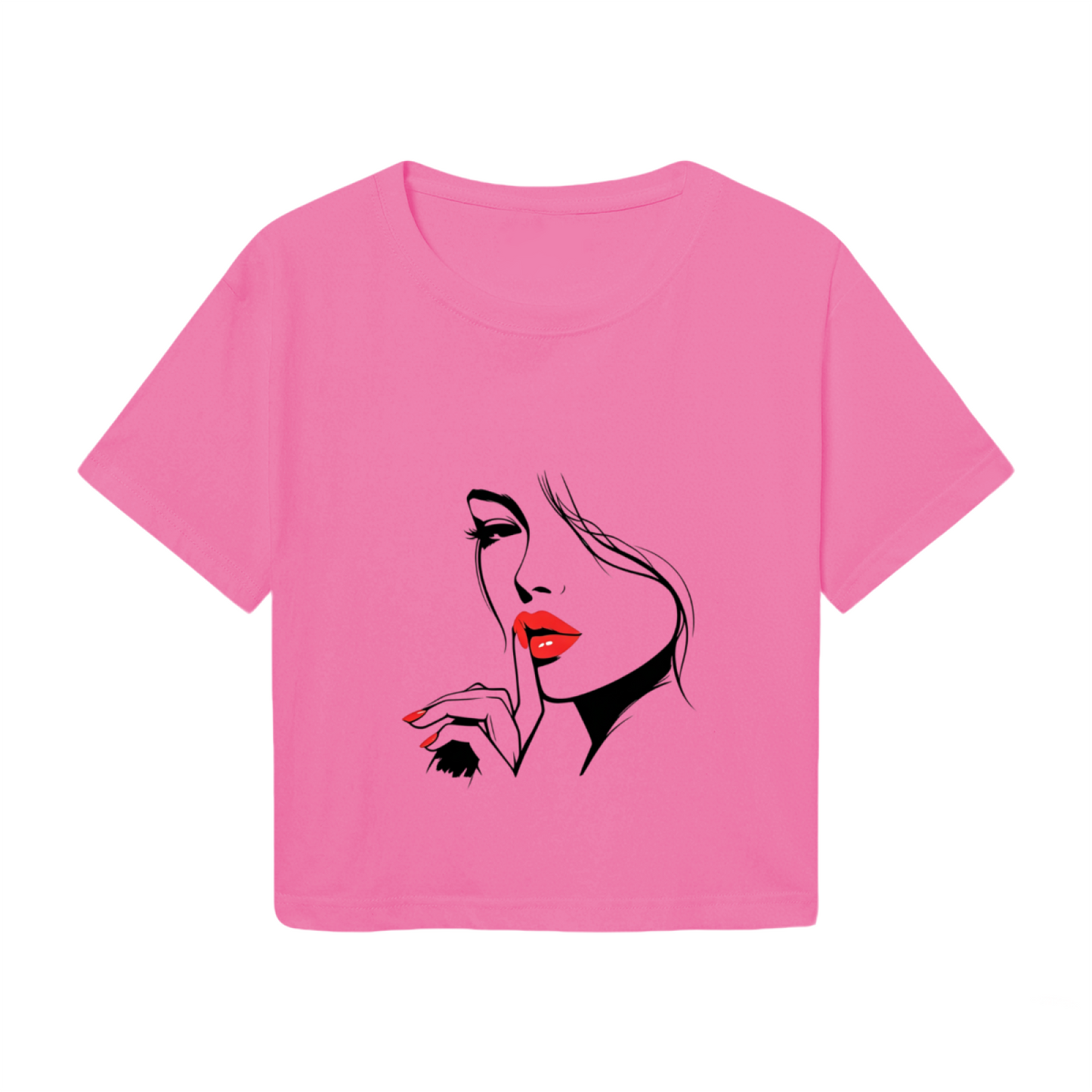 Sultry Red Lips Minimal Lady Line Art Hot Pink Crop Top
