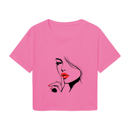 Sultry Red Lips Minimal Lady Line Art Hot Pink Crop Top