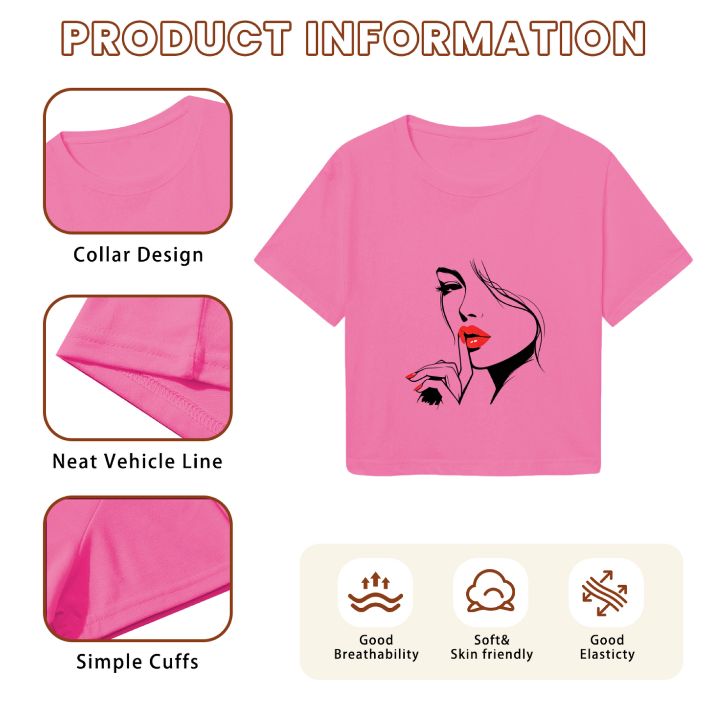 Sultry Red Lips Minimal Lady Line Art Hot Pink Crop Top