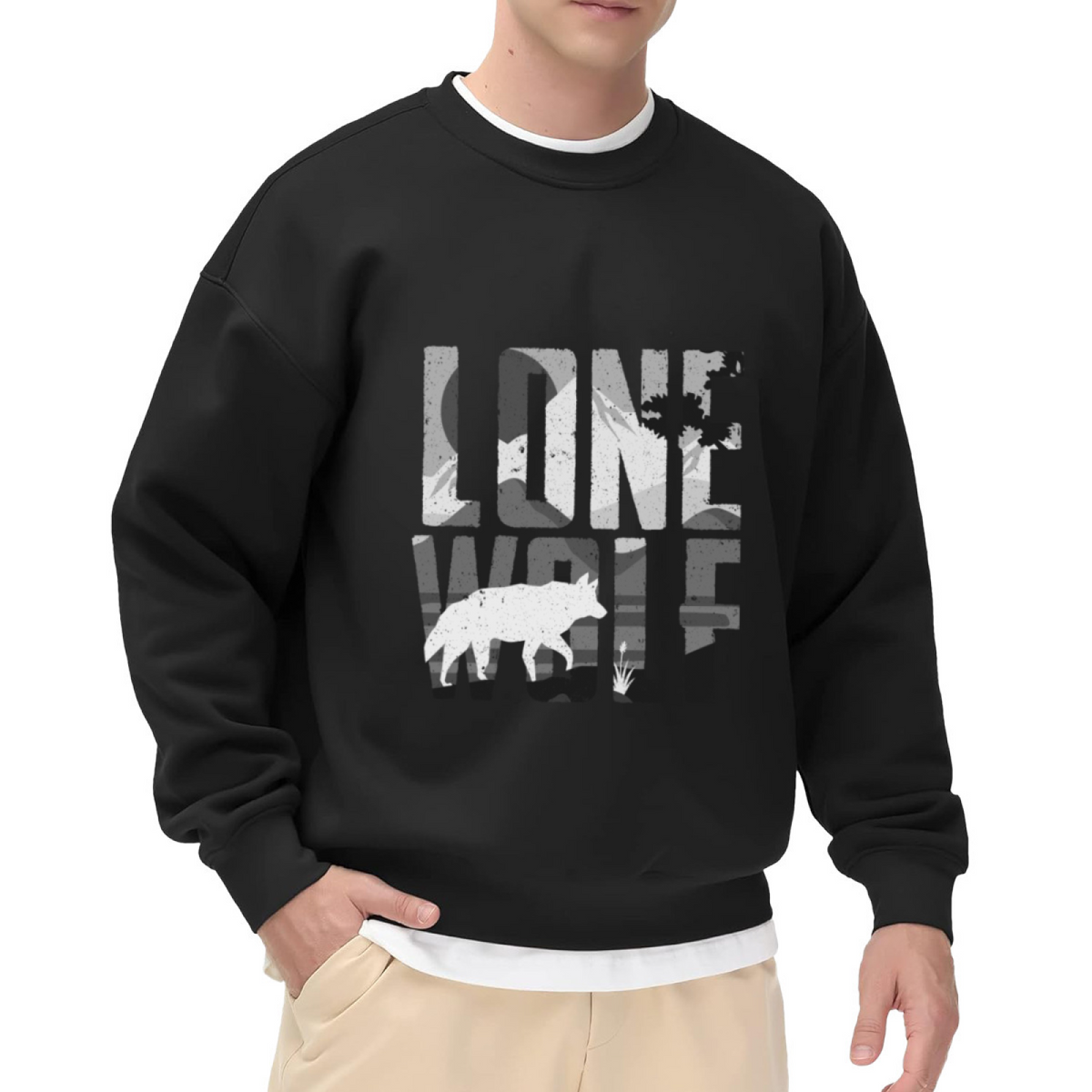 Lone Wolf Mountain Scene Graphic Crewneck Sweatshirt