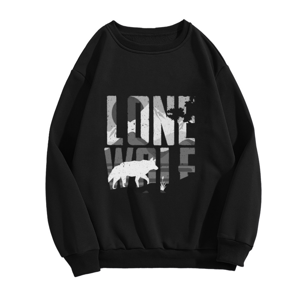 Lone Wolf Mountain Scene Graphic Crewneck Sweatshirt