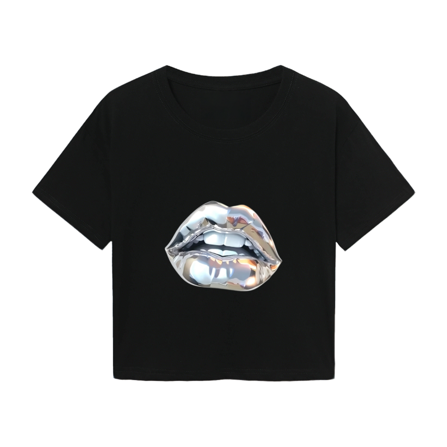 Metallic Mirror Lips Edgy Black Crop Tee