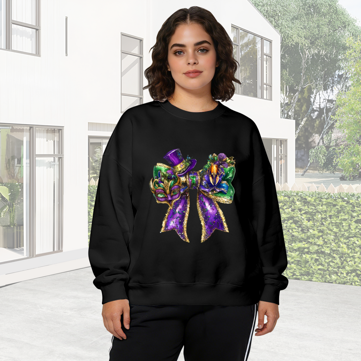 Glitter Mardi Gras Bow Mask Festive Party Crewneck Sweatshirt