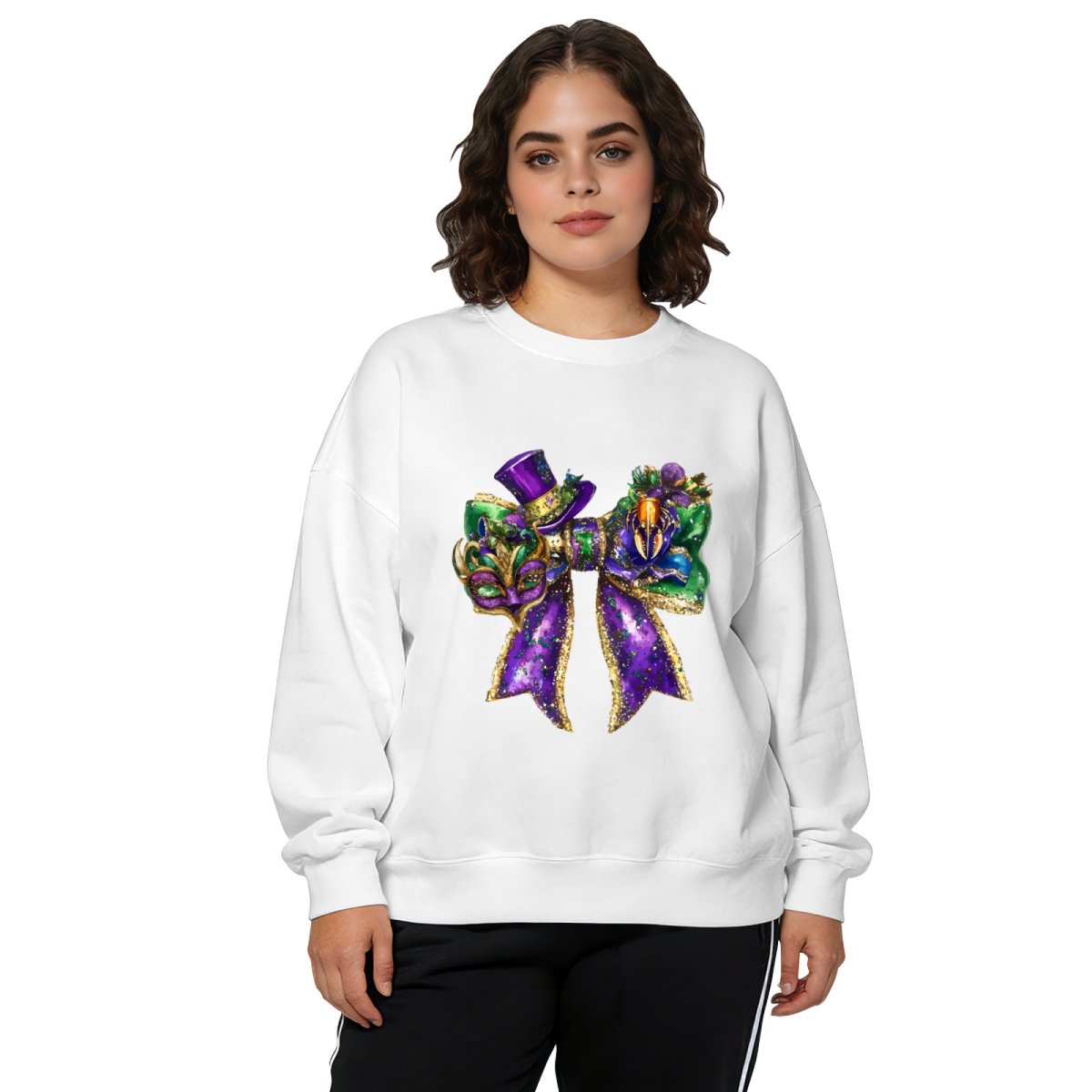 Glitter Mardi Gras Bow Mask Festive Party Crewneck Sweatshirt