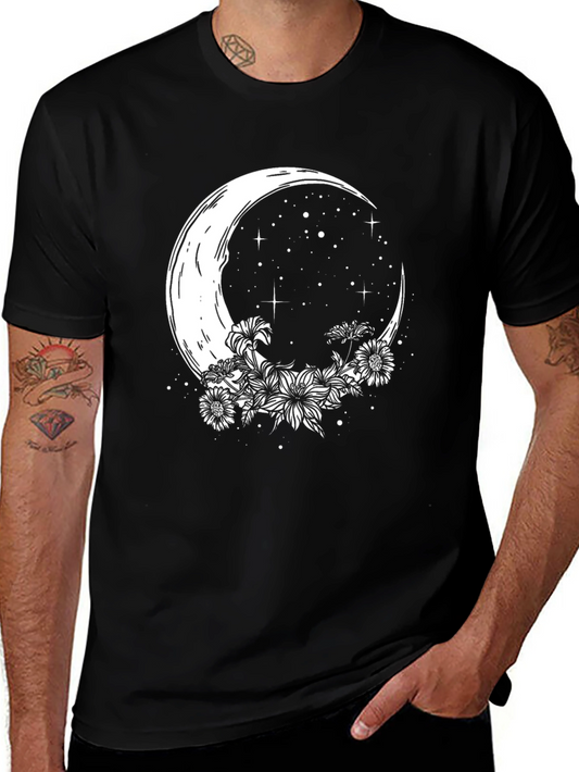 Crescent Moon Floral Graphic Tee - Stylish Black T-Shirt