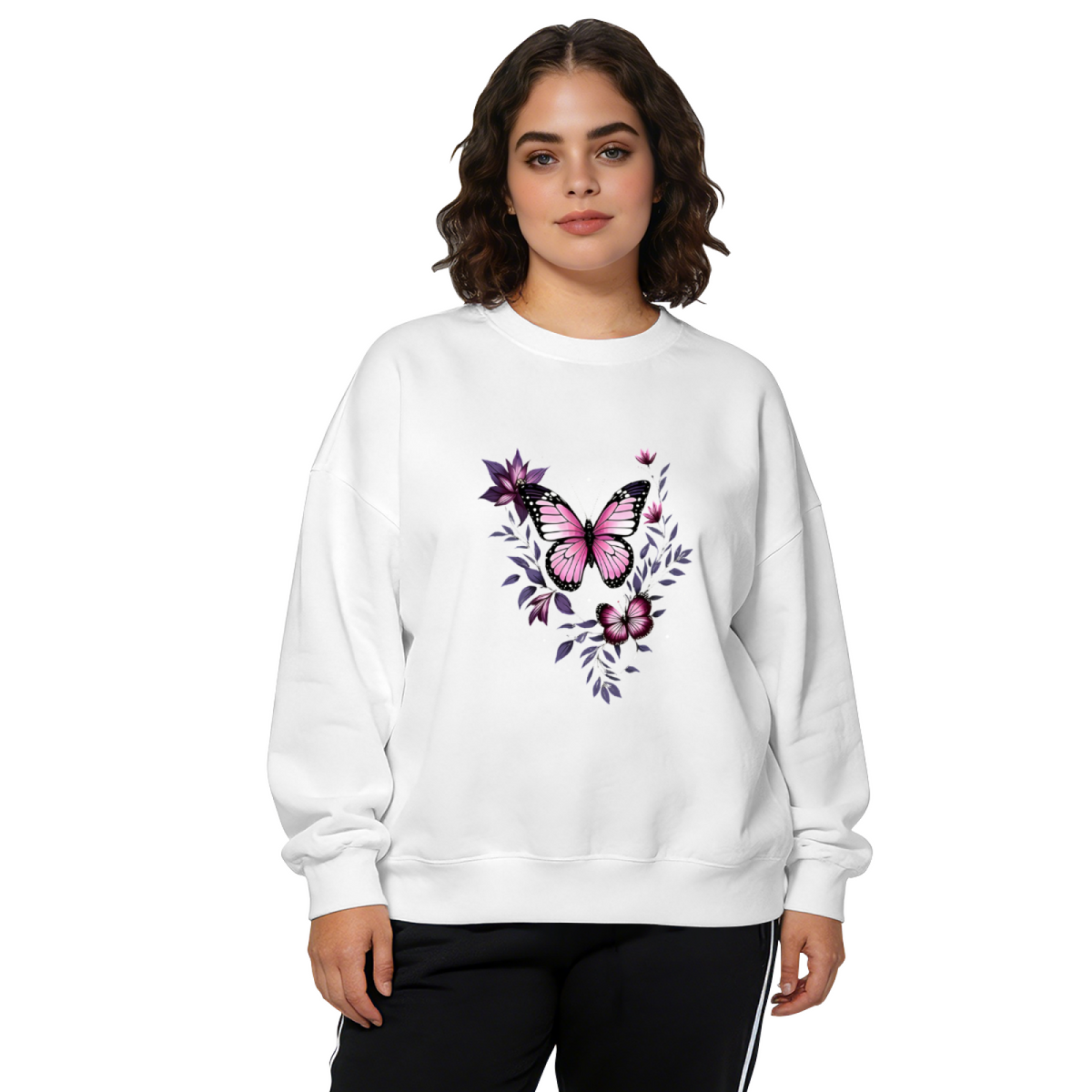 Pink?Purple Butterfly & Floral Art Crewneck Sweatshirt