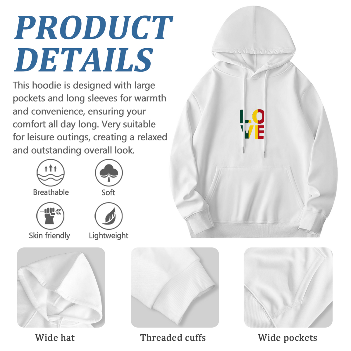 Colorful LOVE VIE Letter Art White Hoodie