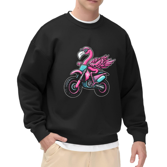 Cool Flamingo Riding Dirt Bike Cartoon Fun Crew Neck Sweatshirt