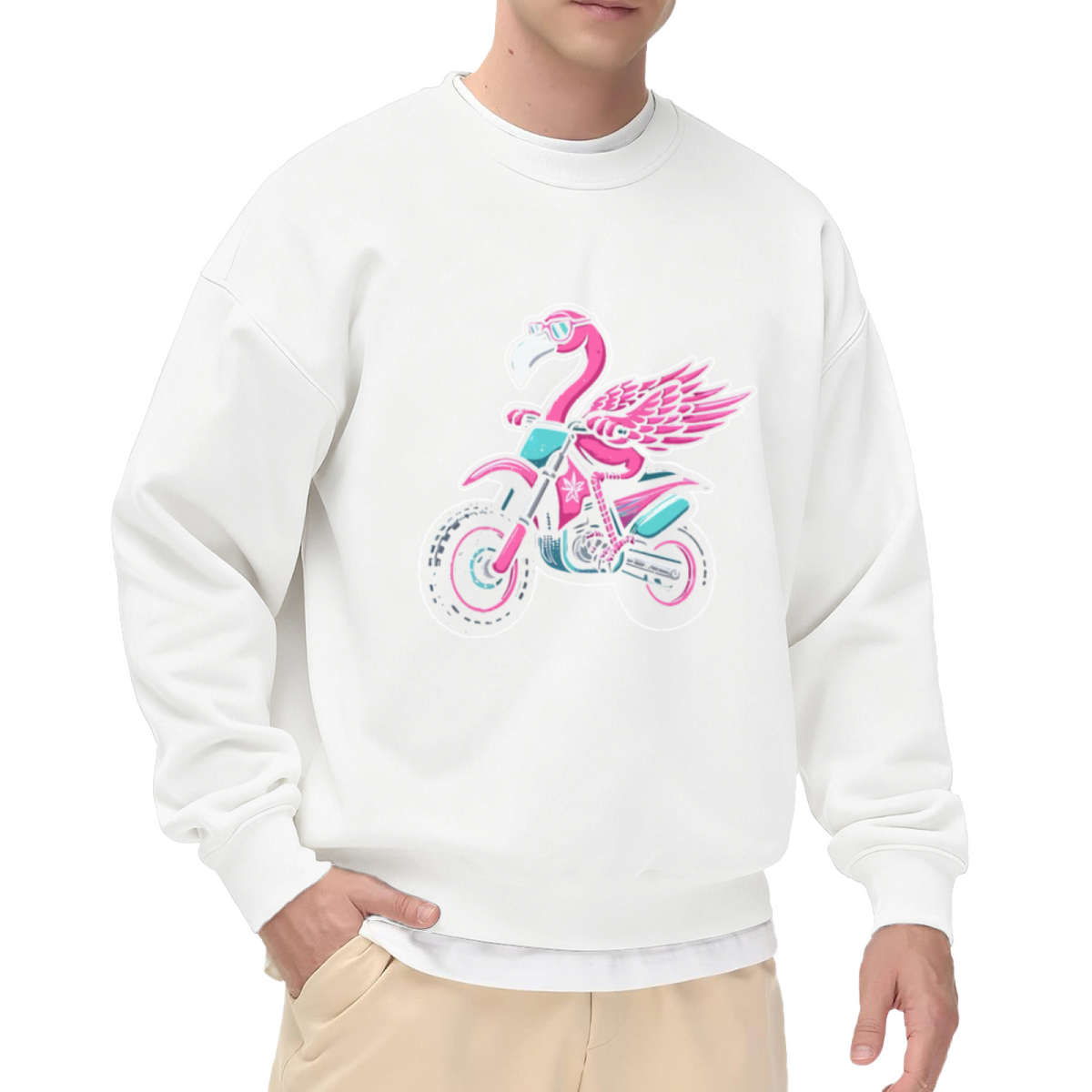Cool Flamingo Riding Dirt Bike Cartoon Fun Crew Neck Sweatshirt