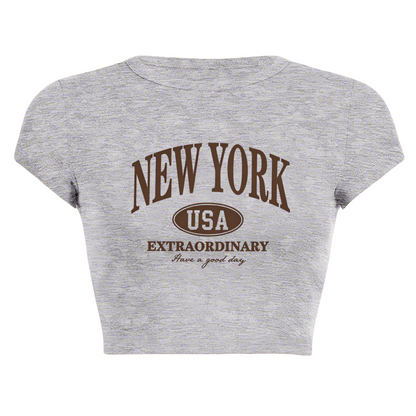 Vintage New York USA Retro Letter Gray Casual Crop Tee