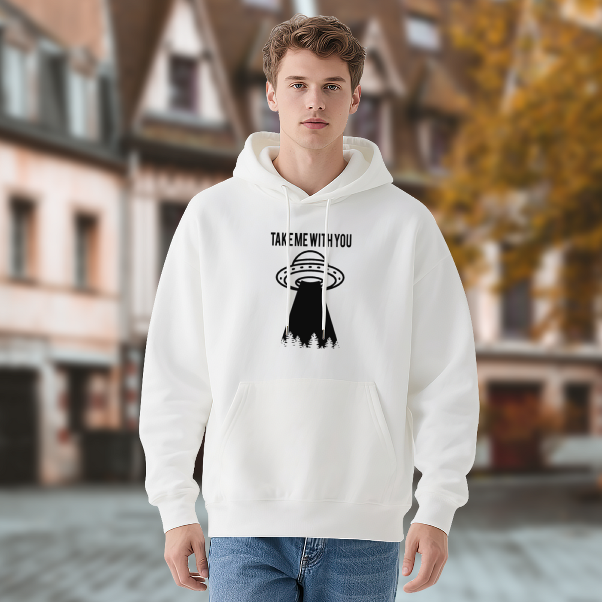 UFO Alien Take Me With You White Hoodie, Casual Soft Comfort
