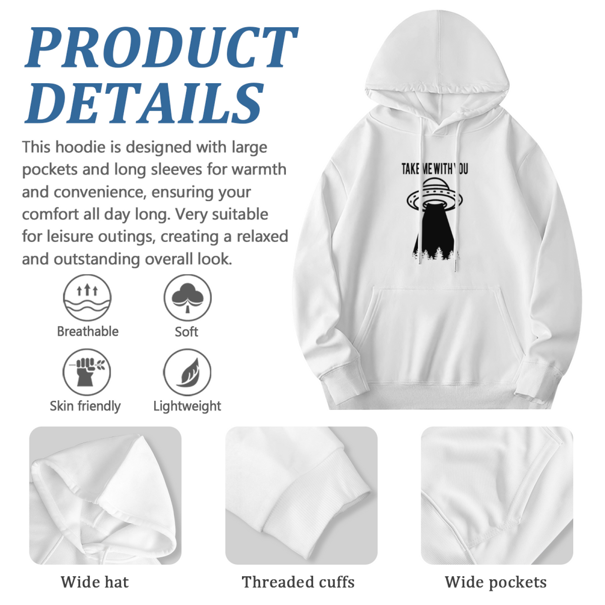 UFO Alien Take Me With You White Hoodie, Casual Soft Comfort