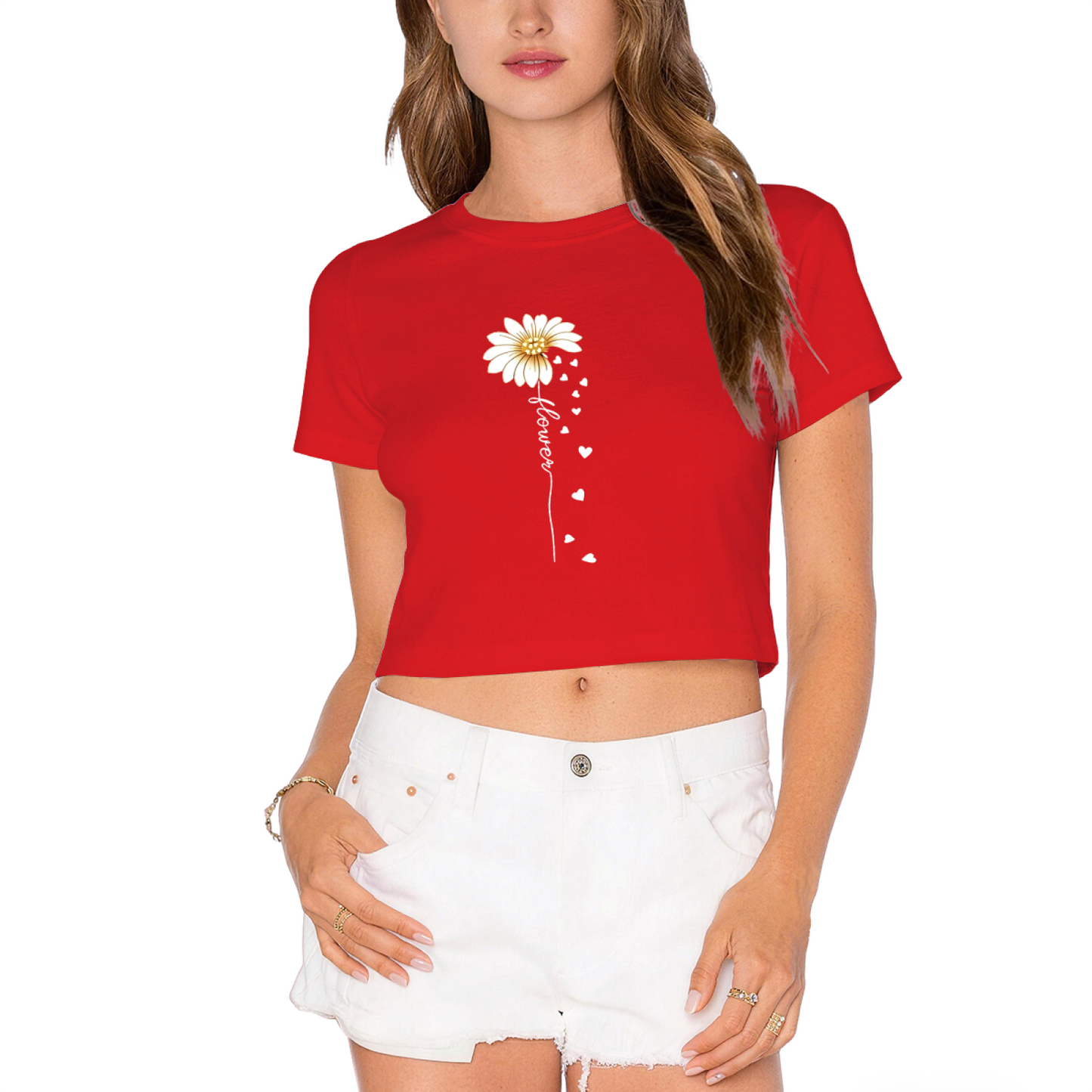 Sweet Daisy Falling Hearts Romantic Red Crop Top