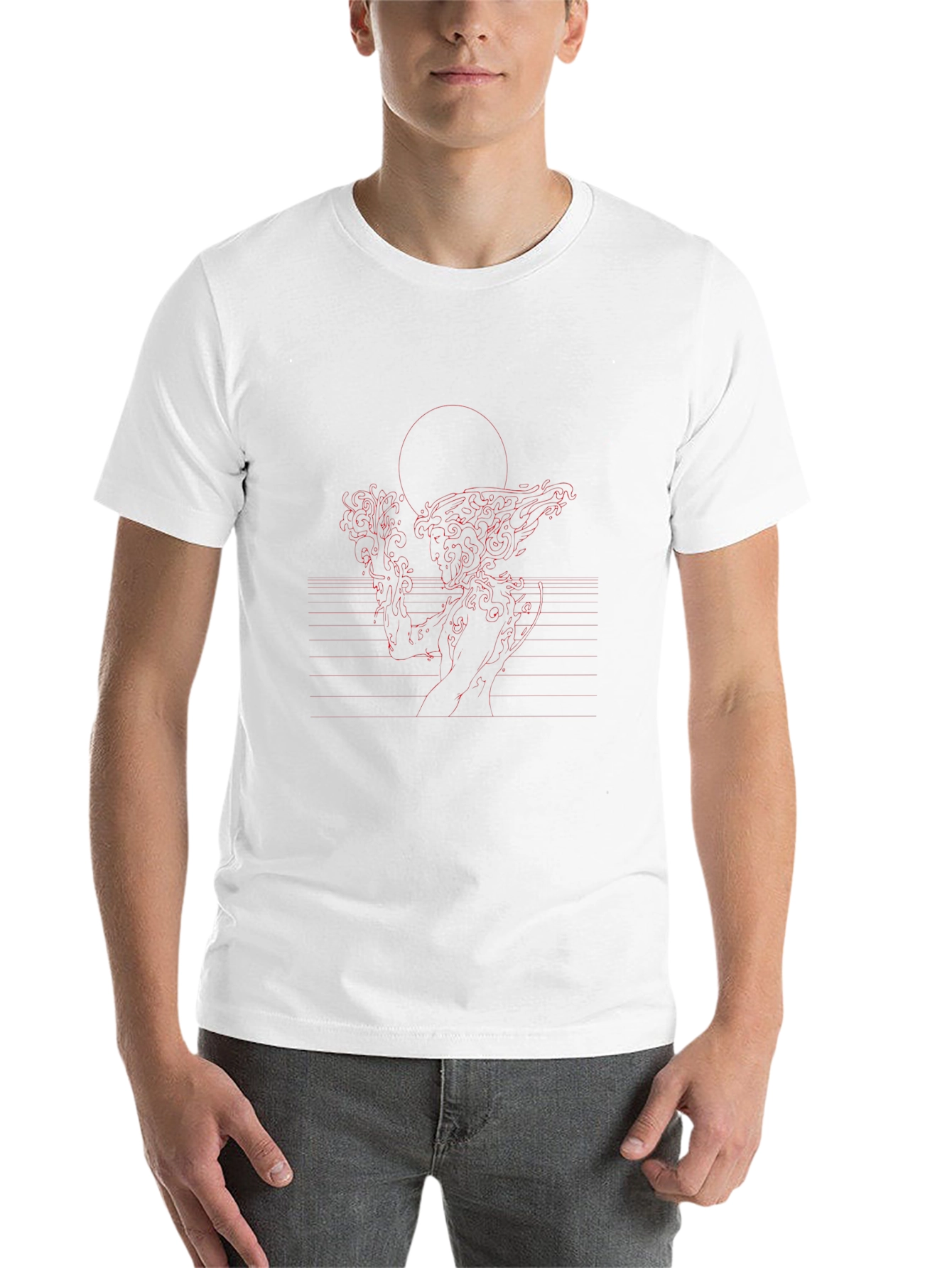 Red Line Art Black T-Shirt