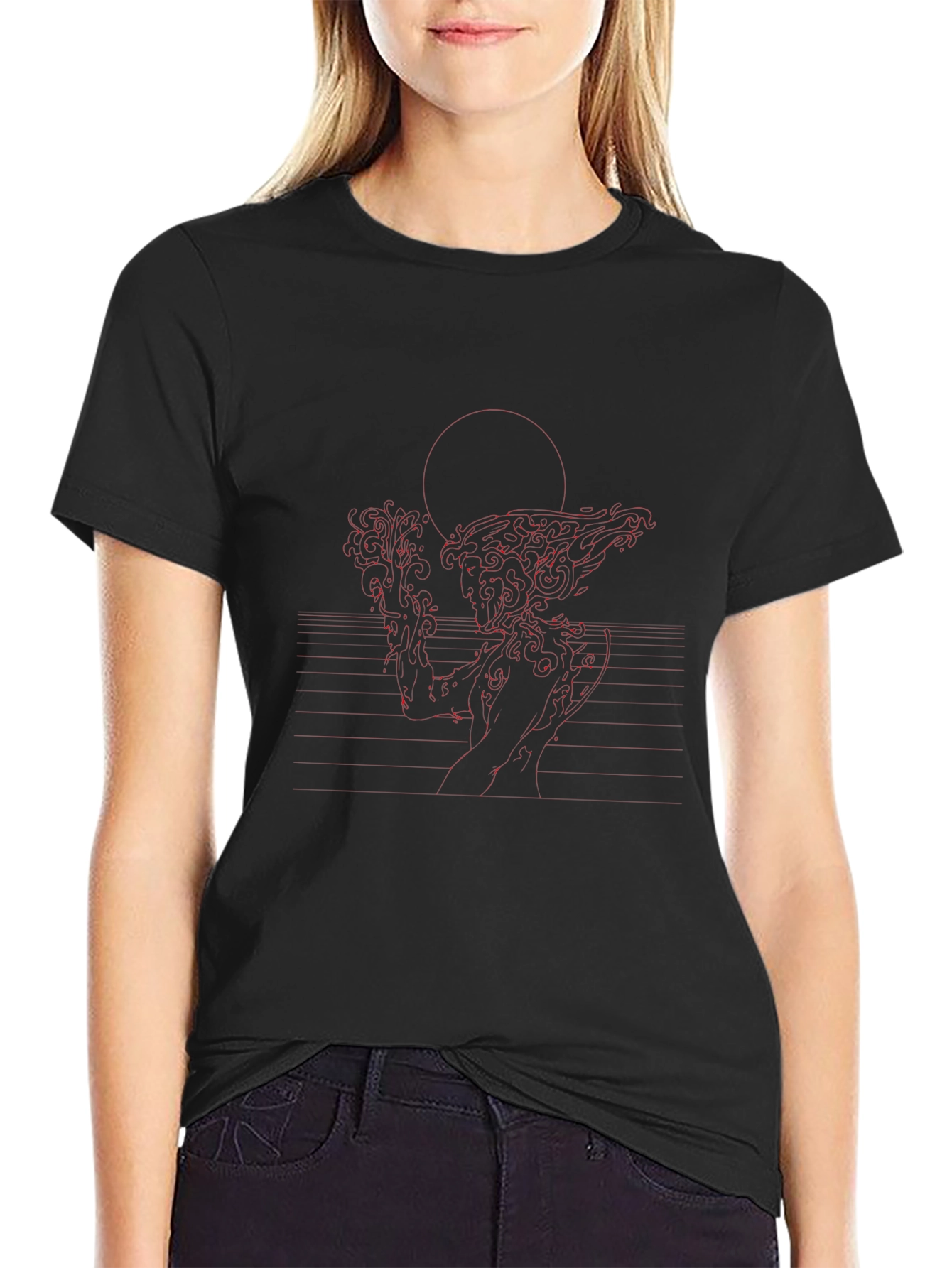 Red Line Art Black T-Shirt