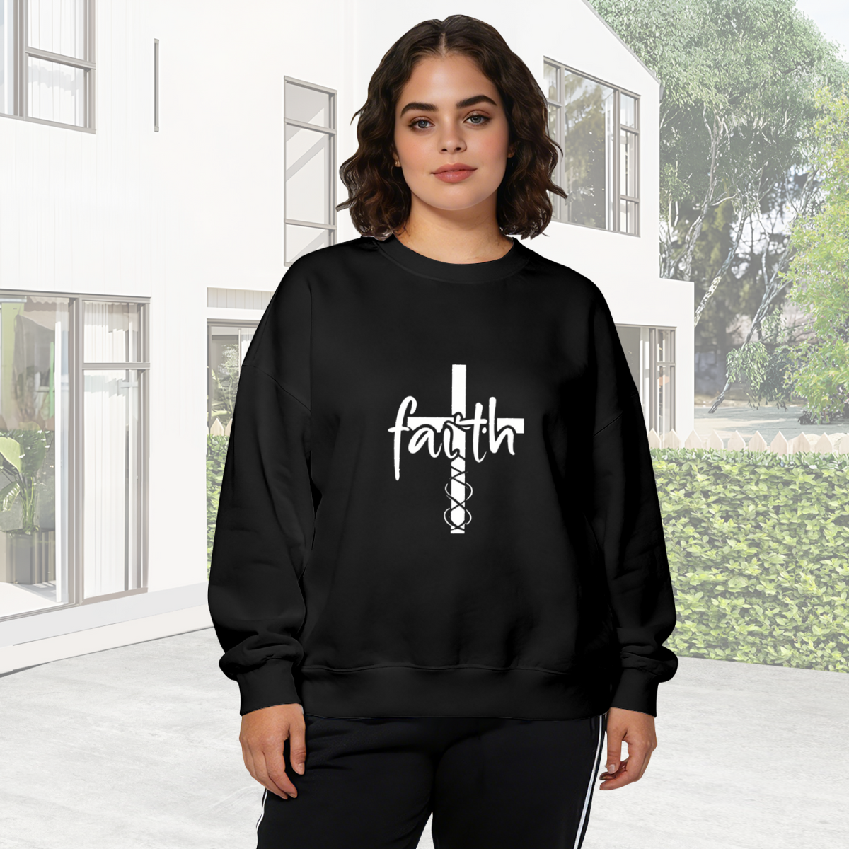 Faith Cross Symbol Inspirational Black Crewneck Sweatshirt