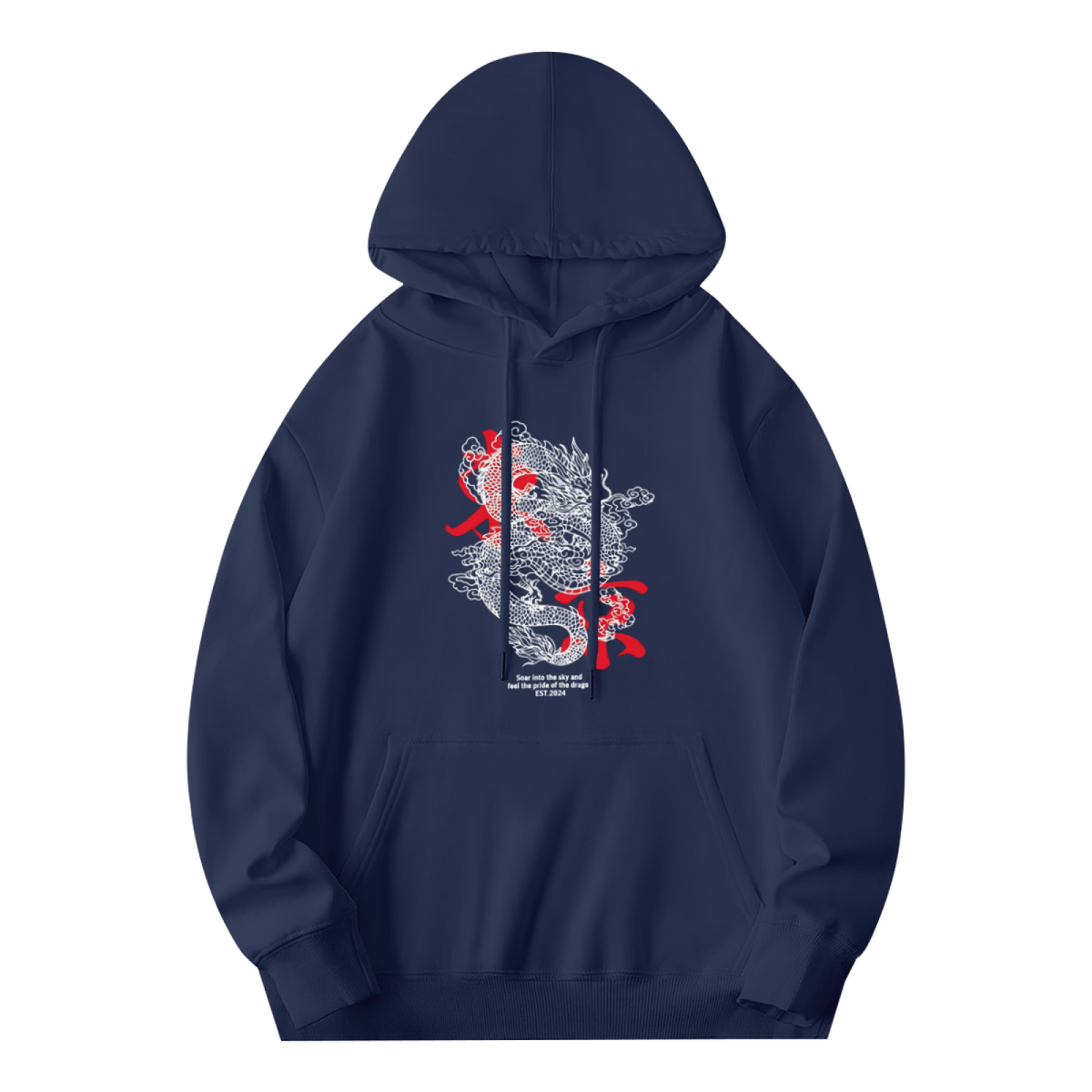 Trendy Oriental Dragon Art Printed Navy Hoodie
