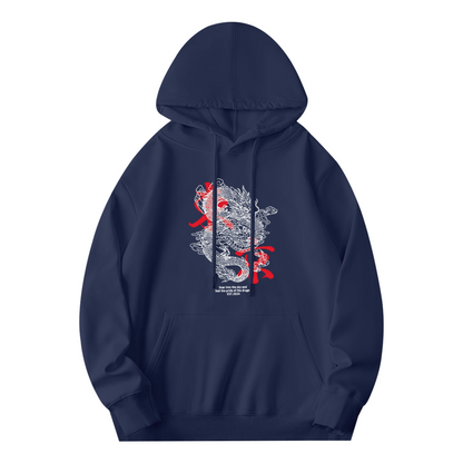 Trendy Oriental Dragon Art Printed Navy Hoodie