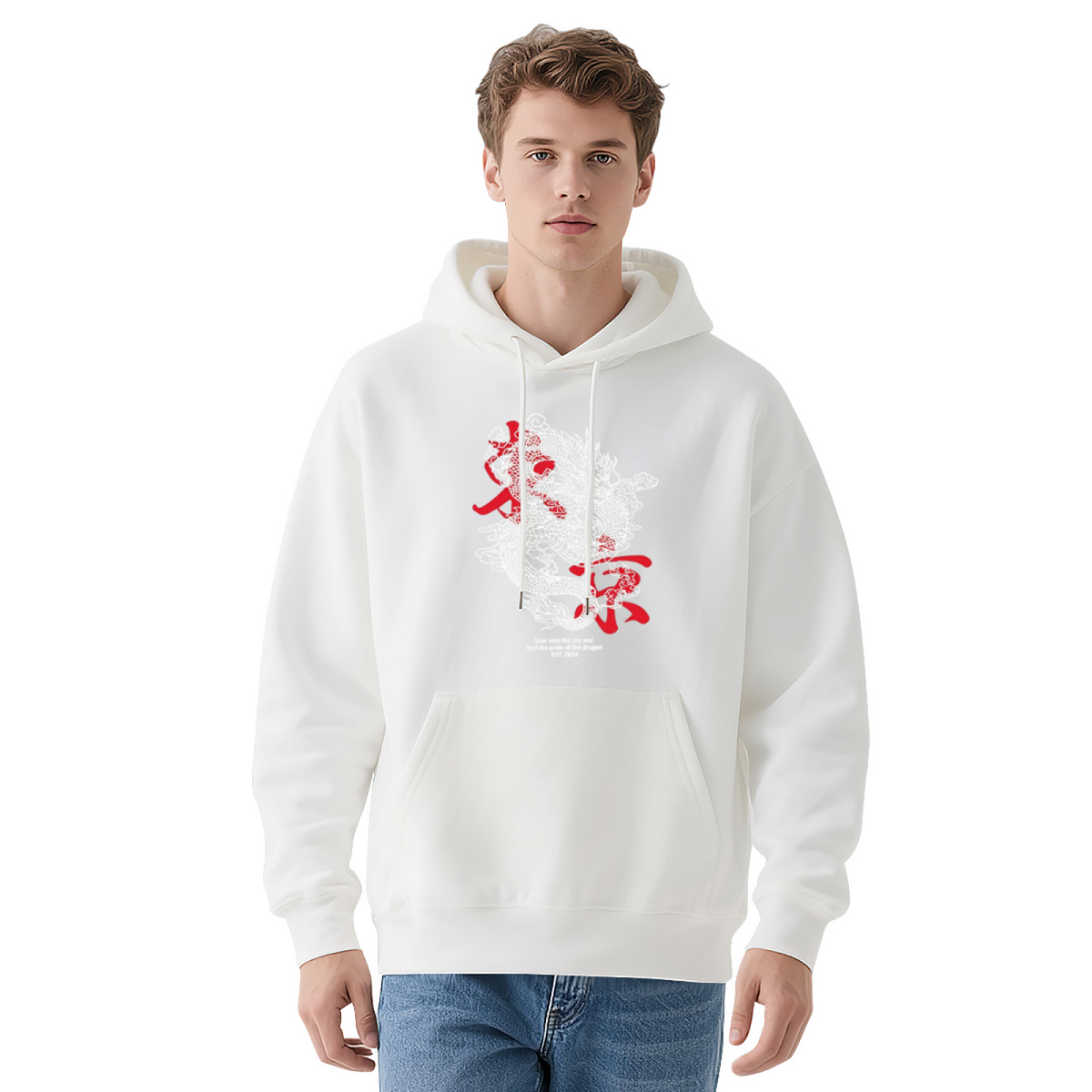 Trendy Oriental Dragon Art Printed Navy Hoodie
