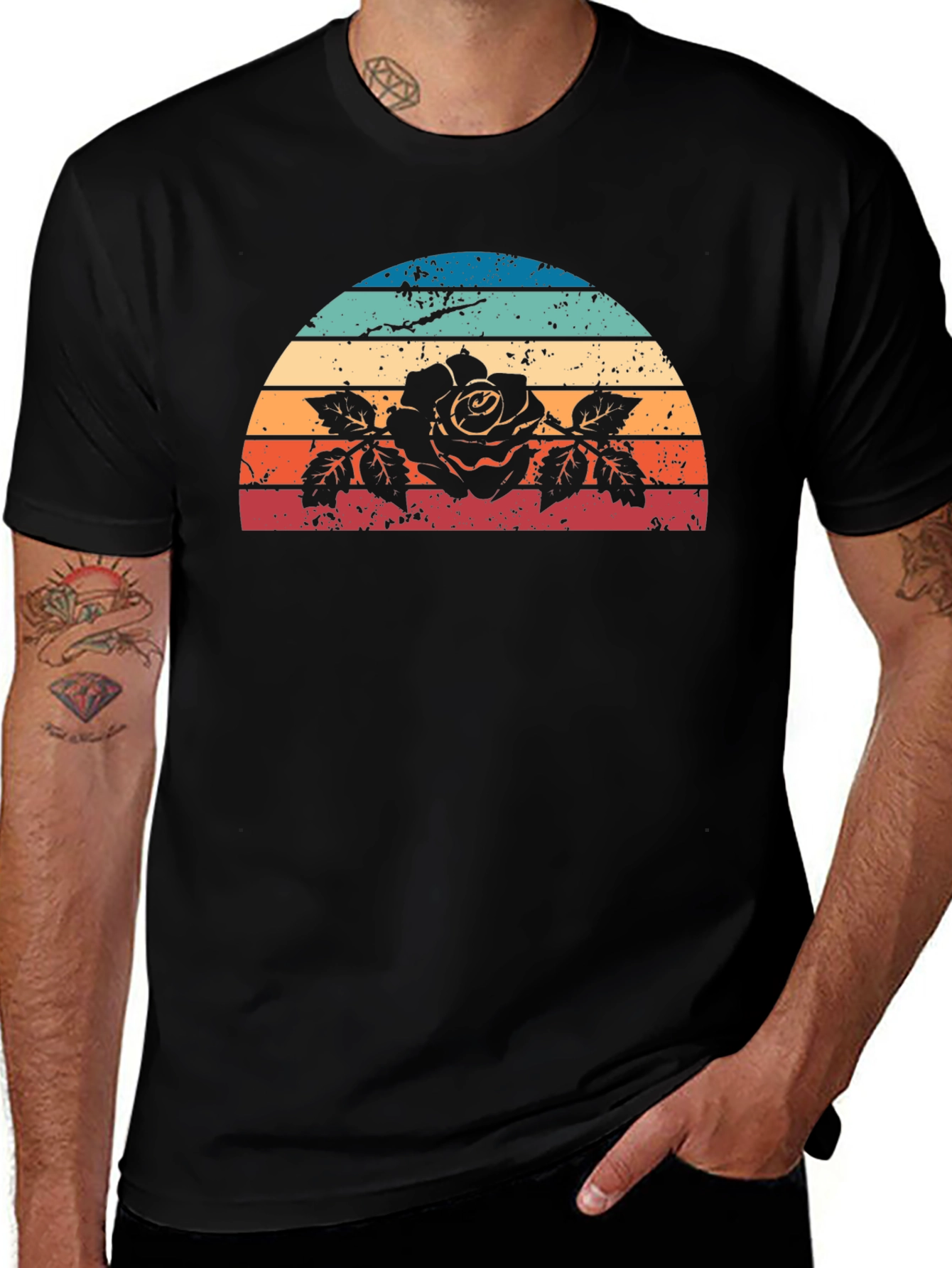 Retro Rose Sunset Graphic Tee - Black