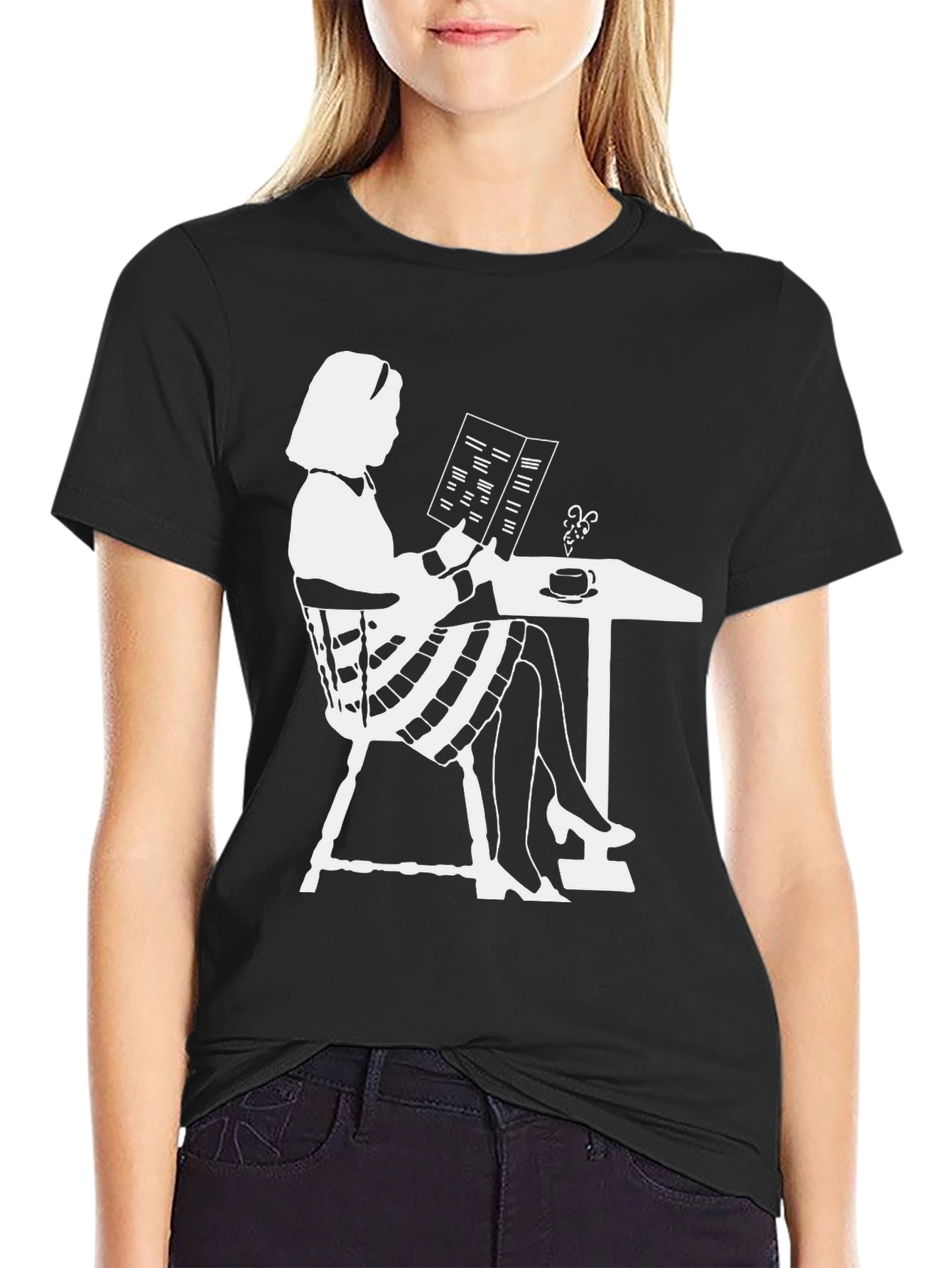 Chic Silhouette Tee: Woman Reading at Cafe