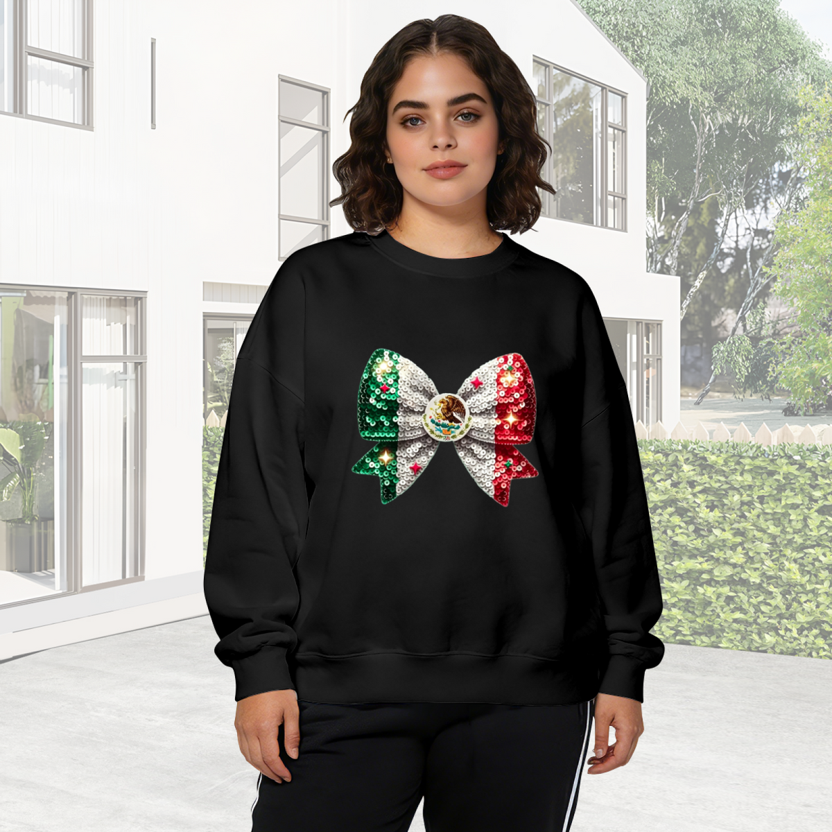Mexico Flag Sequin?Style Bow Graphic Crewneck Sweatshirt