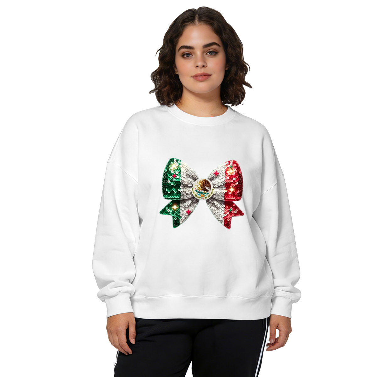 Mexico Flag Sequin?Style Bow Graphic Crewneck Sweatshirt