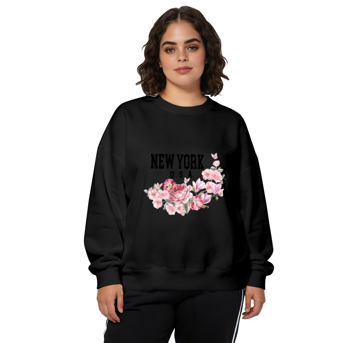 New York USA Floral Letter Print Crewneck Sweatshirt