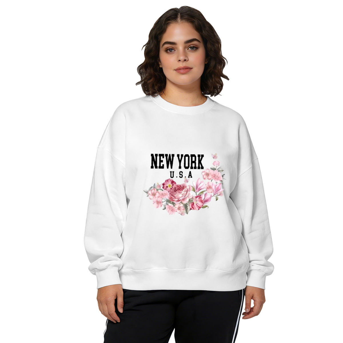 New York USA Floral Letter Print Crewneck Sweatshirt