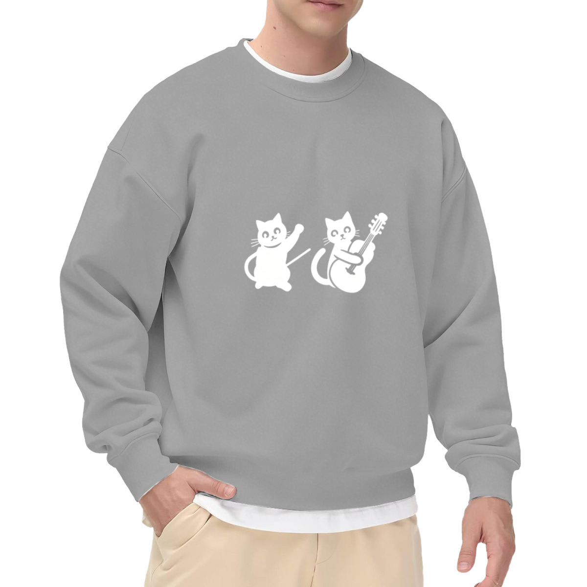 Cute Rock Band Kittens Guitar Minimal Line Art Crewneck Sweatshirt