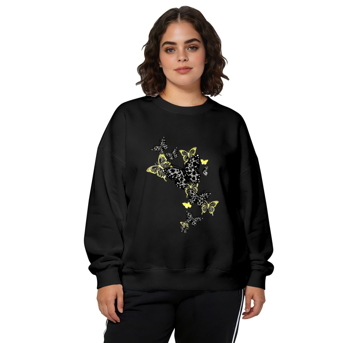 Stylish Black?Yellow Leopard Butterfly Cluster Crewneck Sweatshirt